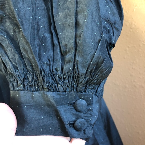 Vintage 40s Black + Green Micro Dot Dramatic Smocked Balloon Sleeve Party Dress - Picture 5 of 9